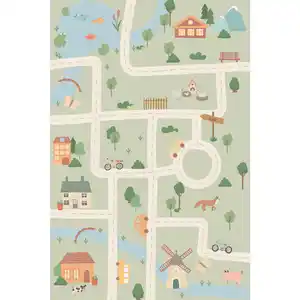 Lindorug Kinderteppich Living Ecovia, Aprikose, Salbeigrün, Pastellblau, Textil, Bauernhof, rechteckig, 120x180 cm, Oeko-Tex® Standard 100, für Fußbodenheizung geeignet, rutschfest, in verschiede