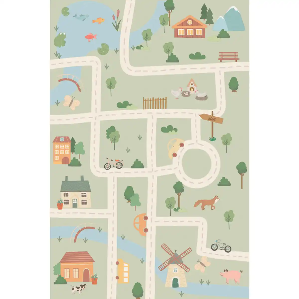 Bild 1 von Lindorug Kinderteppich Living Ecovia, Aprikose, Salbeigrün, Pastellblau, Textil, Bauernhof, rechteckig, 120x180 cm, Oeko-Tex® Standard 100, für Fußbodenheizung geeignet, rutschfest, in verschiede
