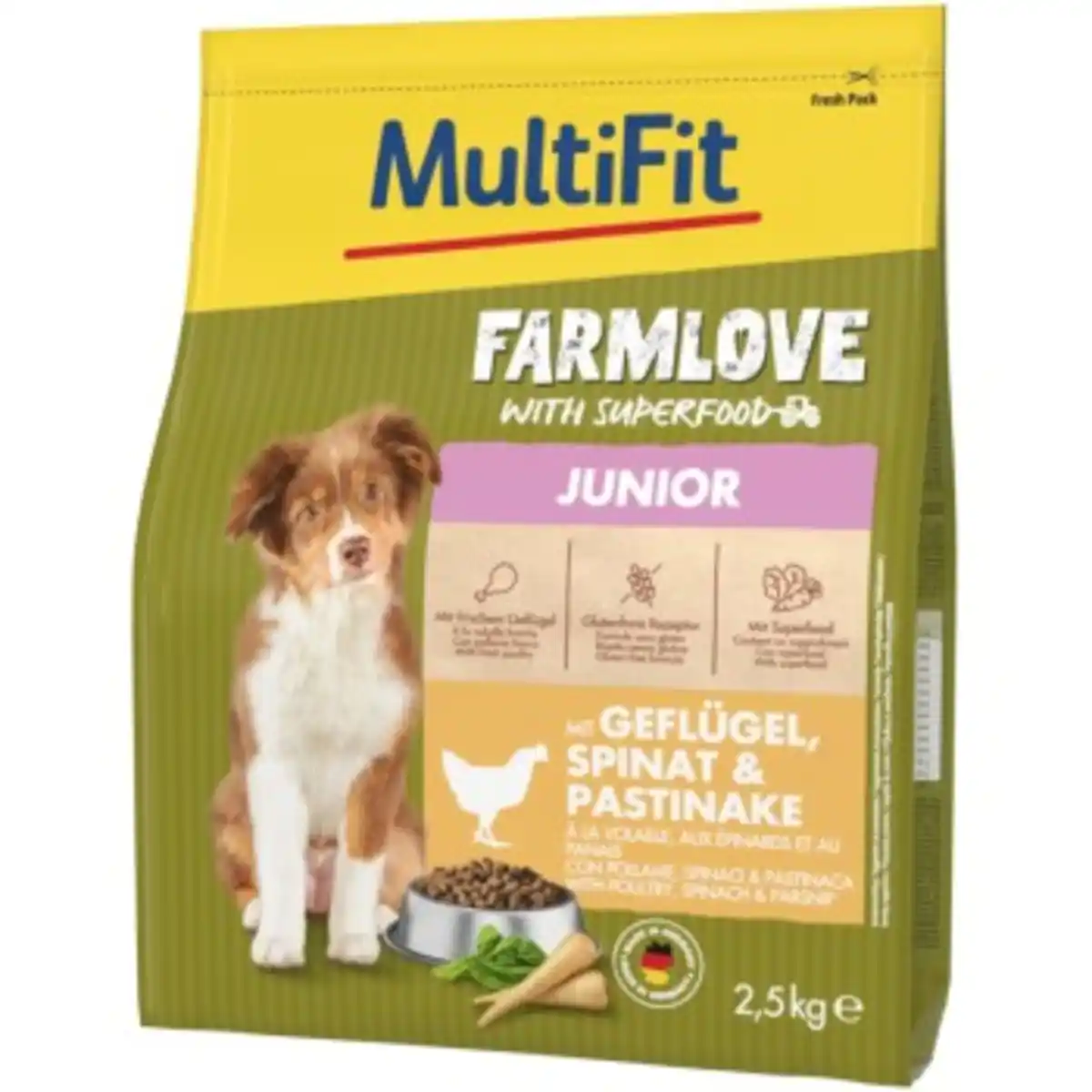 Bild 1 von MultiFit Farmlove Trockenfutter Hund Junior, mit Geflügel, Spinat & Pastinake 2,5 kg