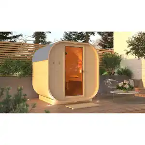 Karibu Fasssauna 'Sisco 1' naturbelassen 9 kW Ofen integrierte Steuerung 199 x 175 x 205 cm