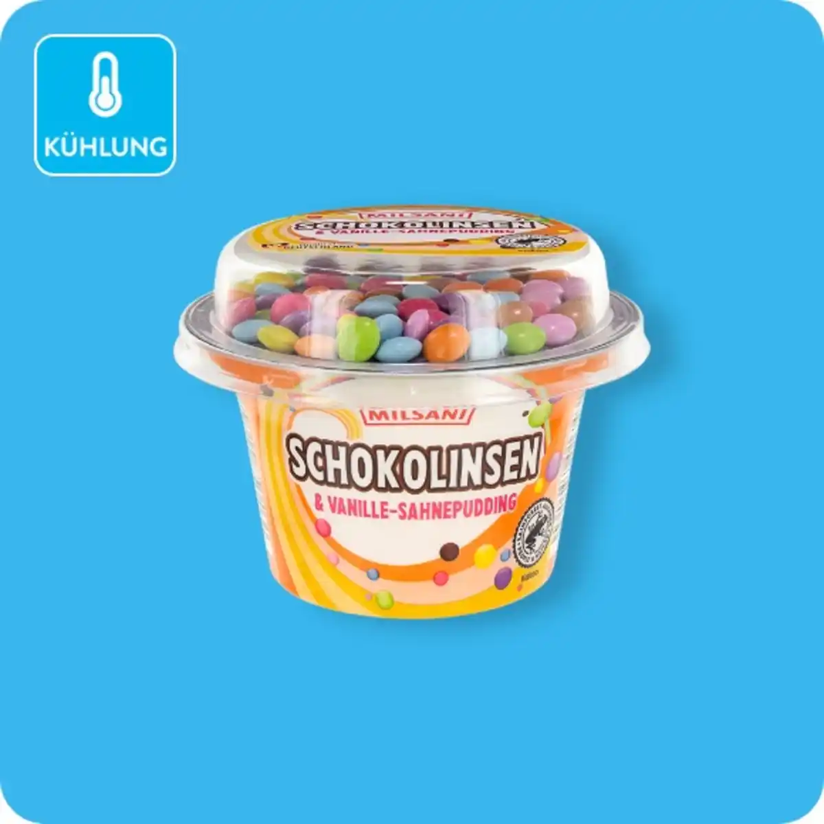 Bild 1 von MILSANI Sahnepudding mit Süßigkeiten, Schokolinsen & Schoko-Sahnepudding oder Schokolinsen & Vanille-Sahnepudding