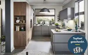 Impressa - Einbauküche Uno/Bali, perlgrau/Nussbaum Nachbildung, inkl. Miele Elektrogeräte