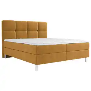 Esposa Boxbett, Orange, Currygelb, Textil, H3, 7-Zonen, Höhe ca. 20 cm, 140x200 cm, Bettkasten, gepolstertes Kopfteil, Stoffauswahl, Topper durchgehend, in verschiedenen Größen erhältlich, Topper