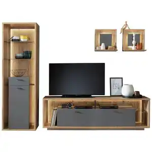Mid.you Wohnwand Colombo, Grau, Eiche, Metall, 4 Fächer, 3 Schubladen, 286x209x40 cm, Made in EU, Wohnzimmer, Wohnwände, Anbauwände