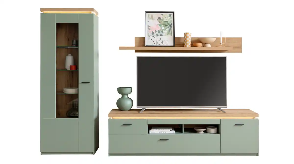 Bild 1 von Wohnwand grün - Evoke Eiche 280 cm - LED-Beleuchtung - MONIZ