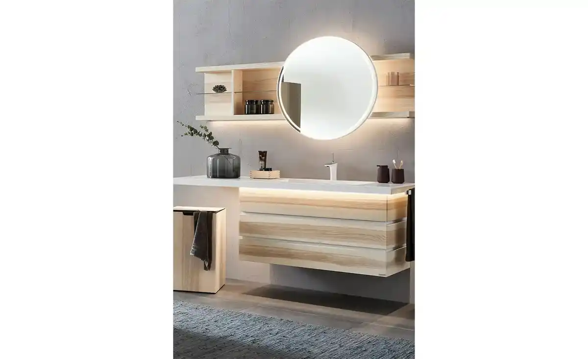 Bild 1 von Rundspiegel mit Hängeregal   ¦ holzfarben ¦ Holz,Glas,Metall ¦ Maße (cm): B: 176,8 H: 80 T: 23.0 Schränke > Badschränke > Badezimmerspiegel - Möbel Kraft