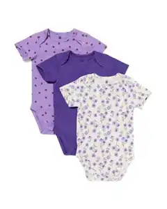 Strampler aus Baumwolle mit Stretch, Blumen – 3 Stück violett