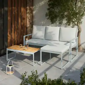 Loungegarnitur Ariella Hellgrau Outdoorstoff/Metall, Akaziefarben, Hellgrau