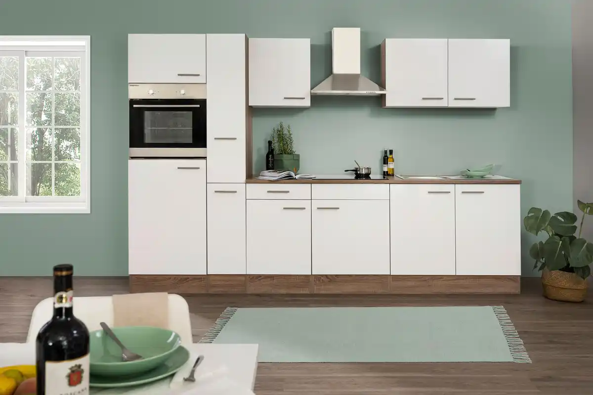 Bild 1 von Küchenzeile mit Geräte Weiß /Eiche Dekor B: ca. 300 cm, Weiß, Eichefarben