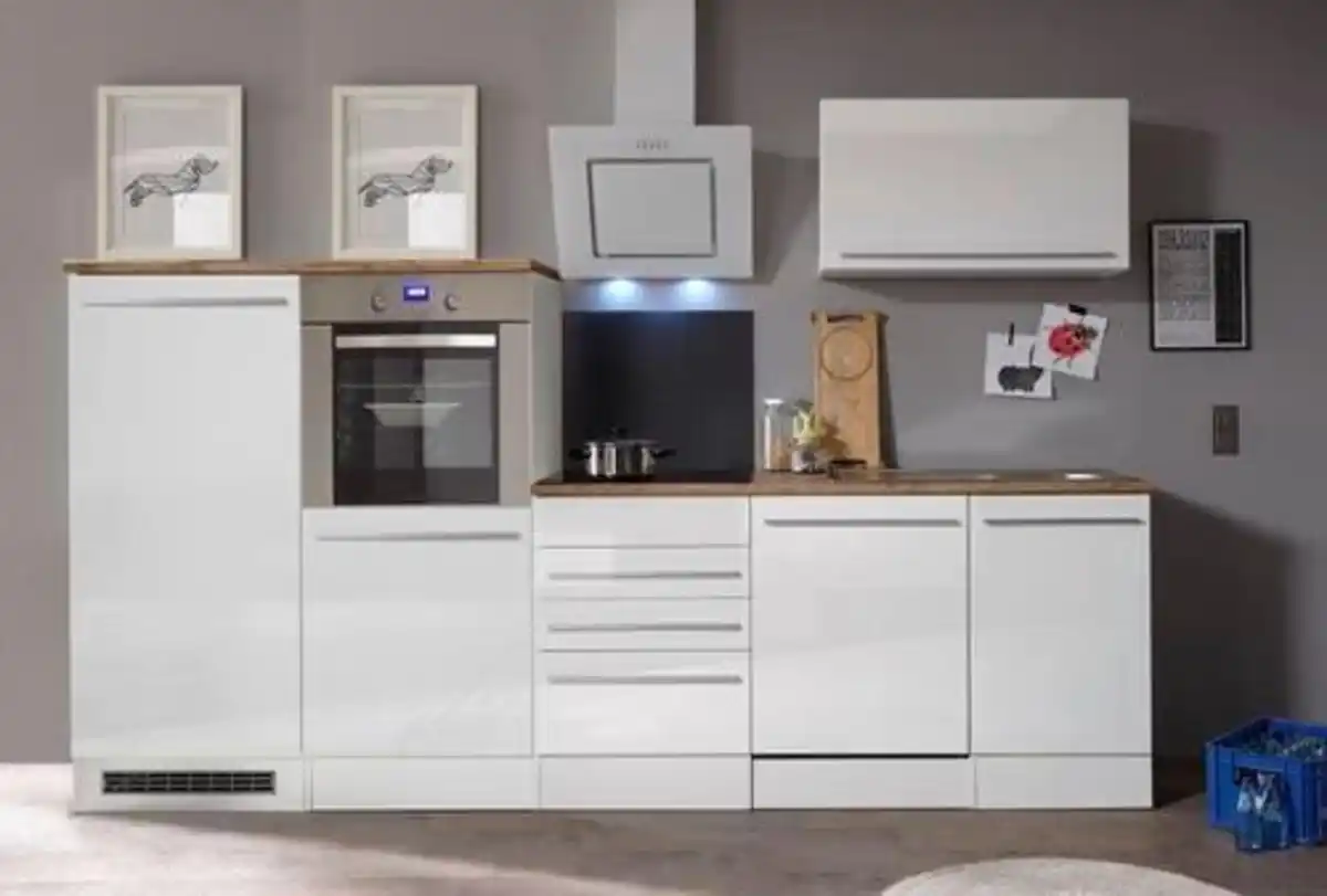 Bild 1 von Küchenblock Premium m. Geräten Weiß/Eiche ca. 290 cm, Weiß, Eichefarben