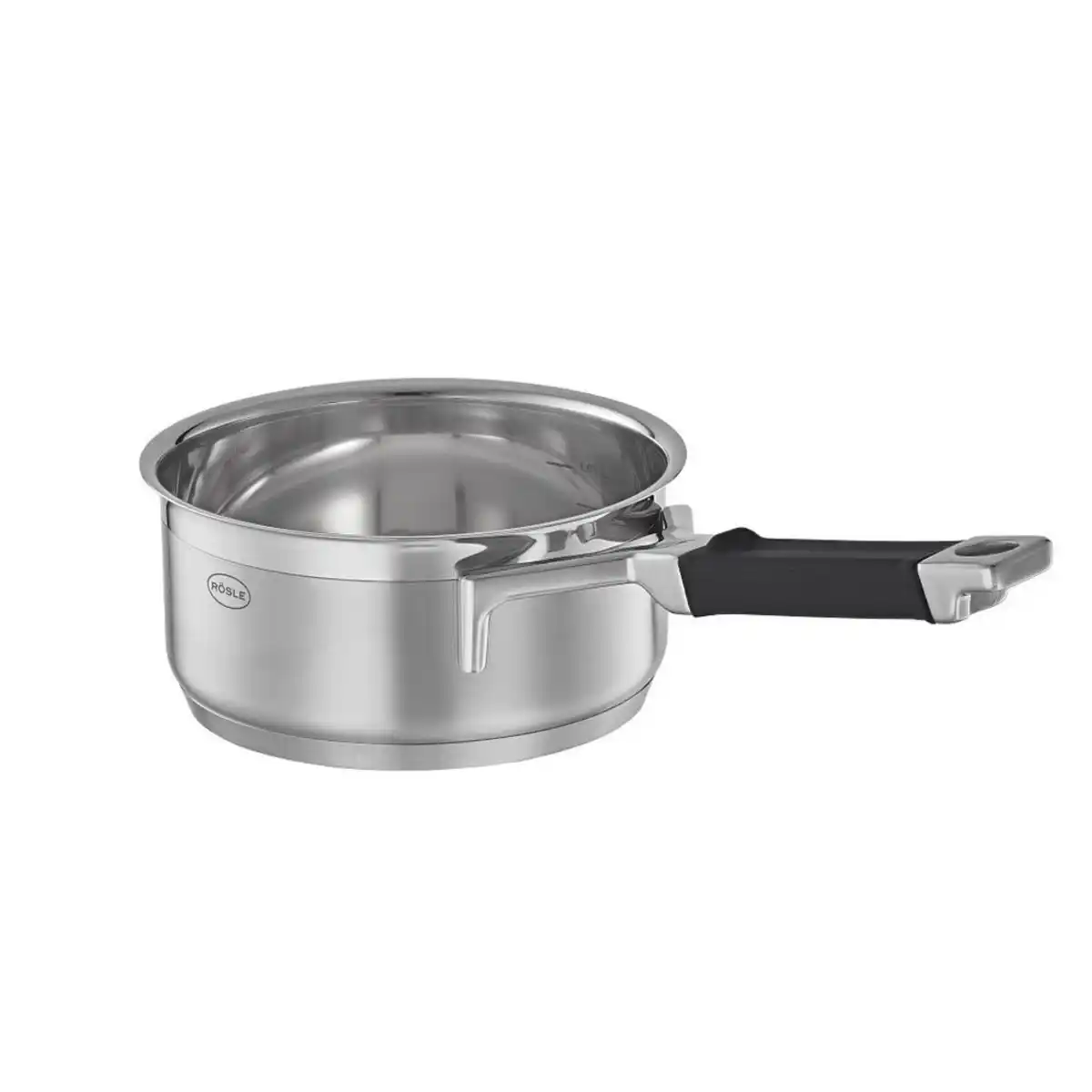 Bild 1 von Rösle Kasserolle Silence Pro, Edelstahl, Metall, 1,4 L, 17.5x9x35 cm, Messskala, backofengeeignet, hitzebeständige Griffe, Abgießfunktion, mit Silikongriffen, Kochen, Töpfe, Stielkasserollen