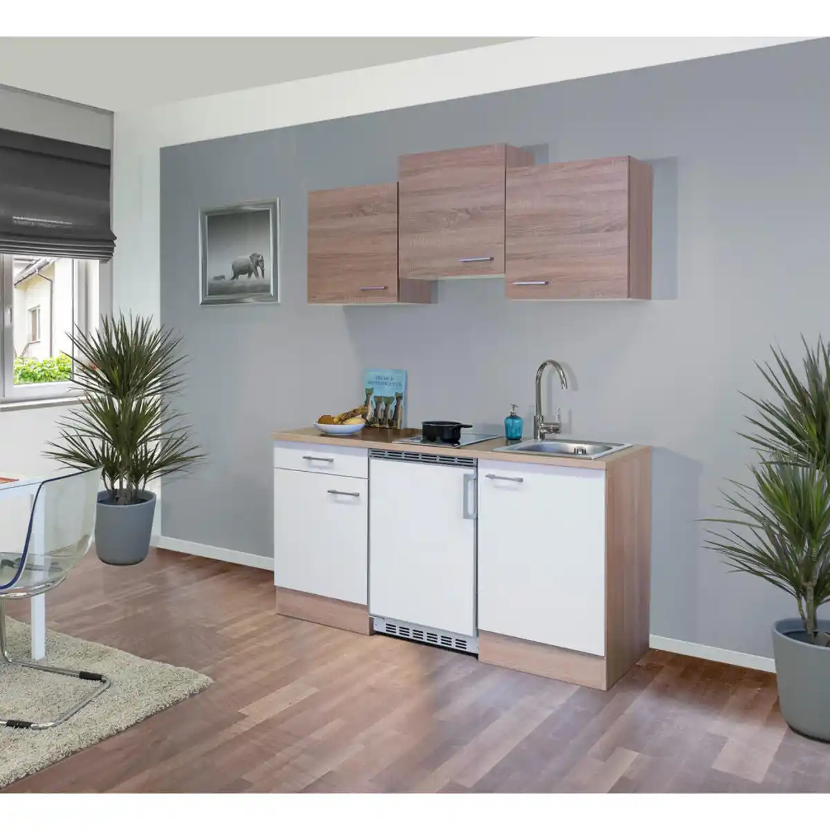 Bild 1 von FlexWell Miniküche, Weiß, Sonoma Eiche, Kunststoff, 1 Schubladen, einmalig seitenverkehrt montierbar, nur wie online abgebildet bestellbar, 150.5 cm, Made in Germany, links aufbaubar, rechts aufbau