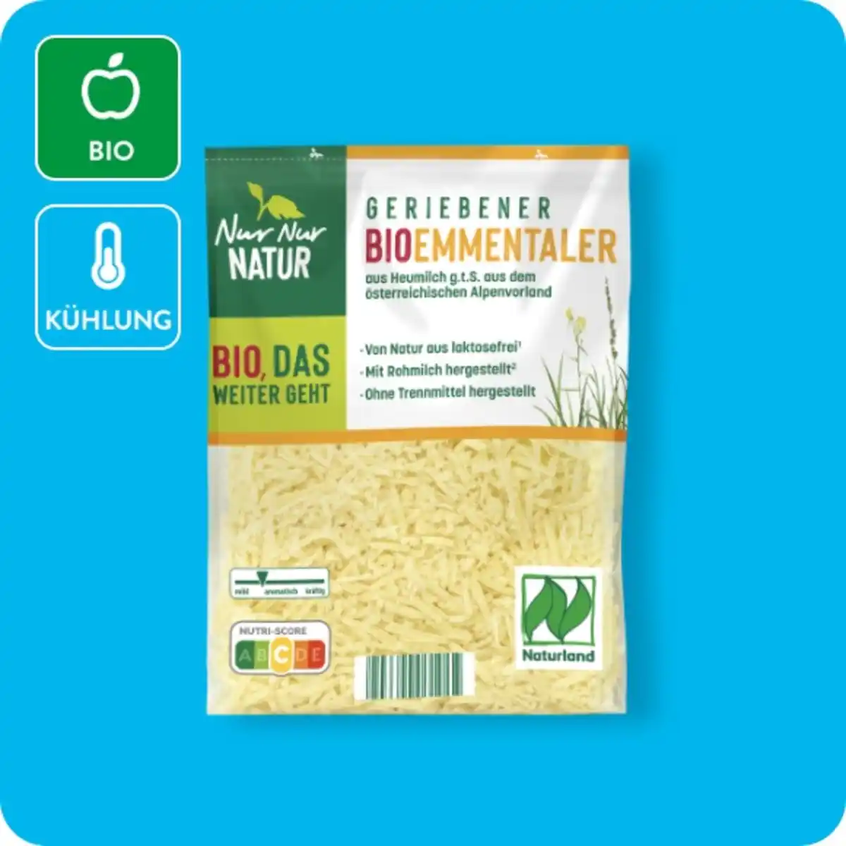 Bild 1 von NUR NUR NATUR Bio-Reibekäse, Gratinkäse aus Bergkäse und Emmentaler oder Emmentaler