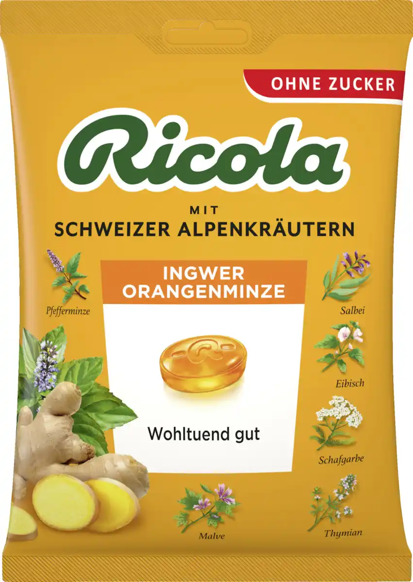 Bild 1 von Ricola Ingwer Orangenminze Bonbons zuckerfrei, 75 g
