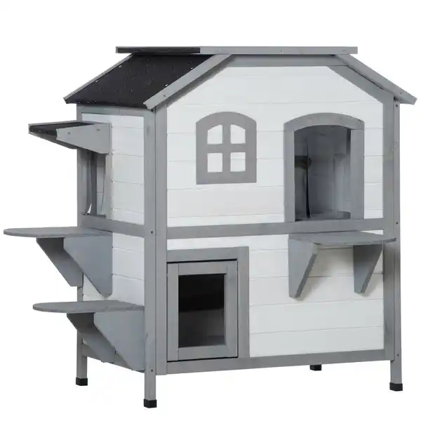 Bild 1 von Katzenhaus Outdoor Katzenhütte 2-Etagen Katzenvilla Asphaltdach Weiß