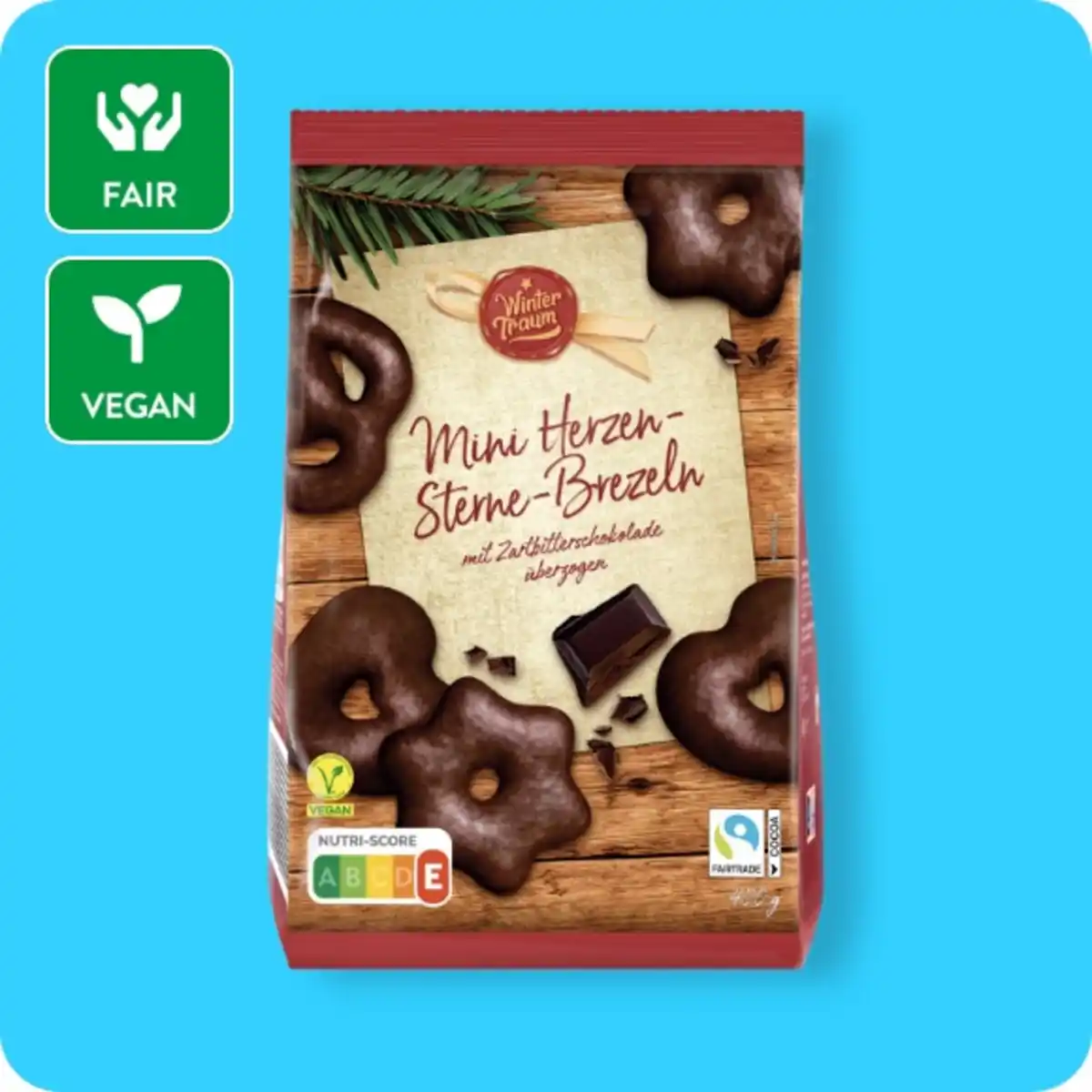 Bild 1 von WINTERTRAUM Mini-Herzen-Sterne-Brezeln, Mit Zartbitterschokolade überzogen oder mit Vollmilchschokolade überzogen