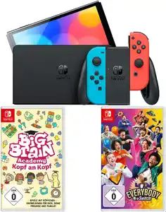 Switch Konsole (OLED-Modell) inkl. Big Brain Academy - Kopf an Kopf + Everybody 1-2 Switch! neon rot