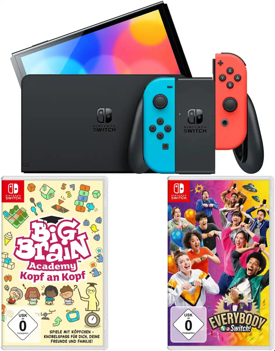 Bild 1 von Switch Konsole (OLED-Modell) inkl. Big Brain Academy - Kopf an Kopf + Everybody 1-2 Switch! neon rot