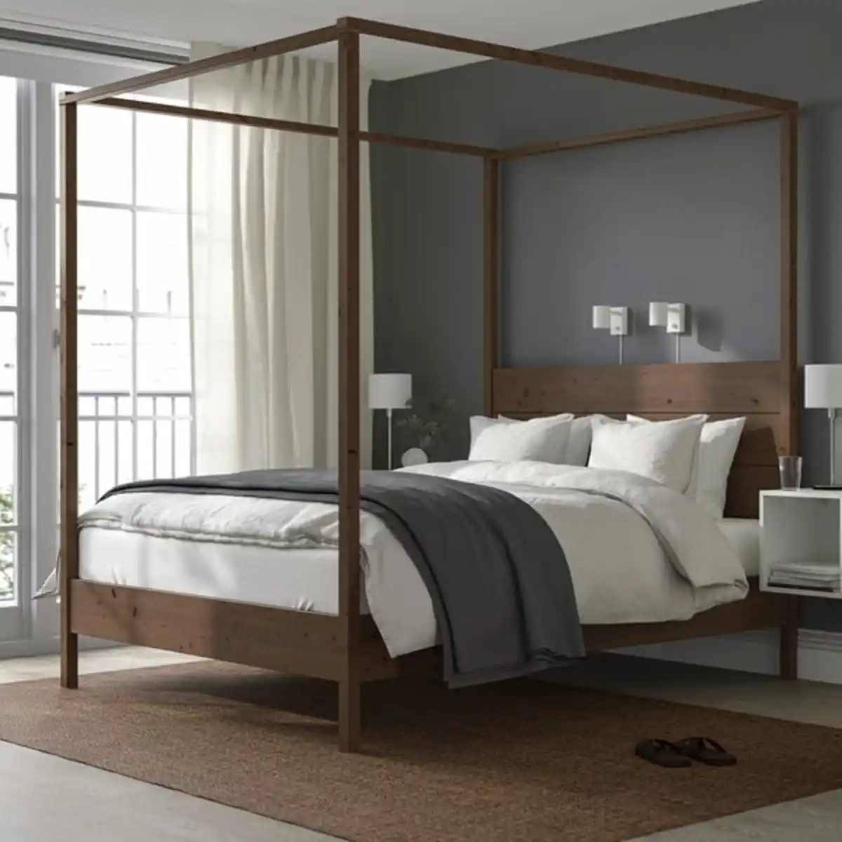 Bild 2 von YTTERVÅG Himmelbettgestell, graubraun/Leirsund, 180x200 cm