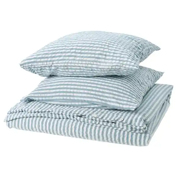 Bild 1 von SMÅNUNNEÖRT Bettwäsche-Set, 3-teilig, dunkel graublau weiß/gestreift, 240x220/80x80 cm