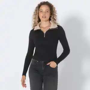 Damen-Pullover mit Kunstfell-Kragen