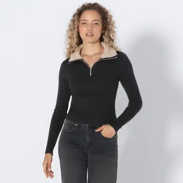 Bild 1 von Damen-Pullover mit Kunstfell-Kragen