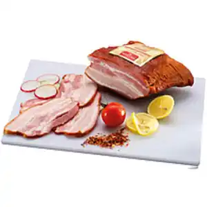 Bauchspeck mit Schwarte, gepökelt, gegart und geräuchert, va...