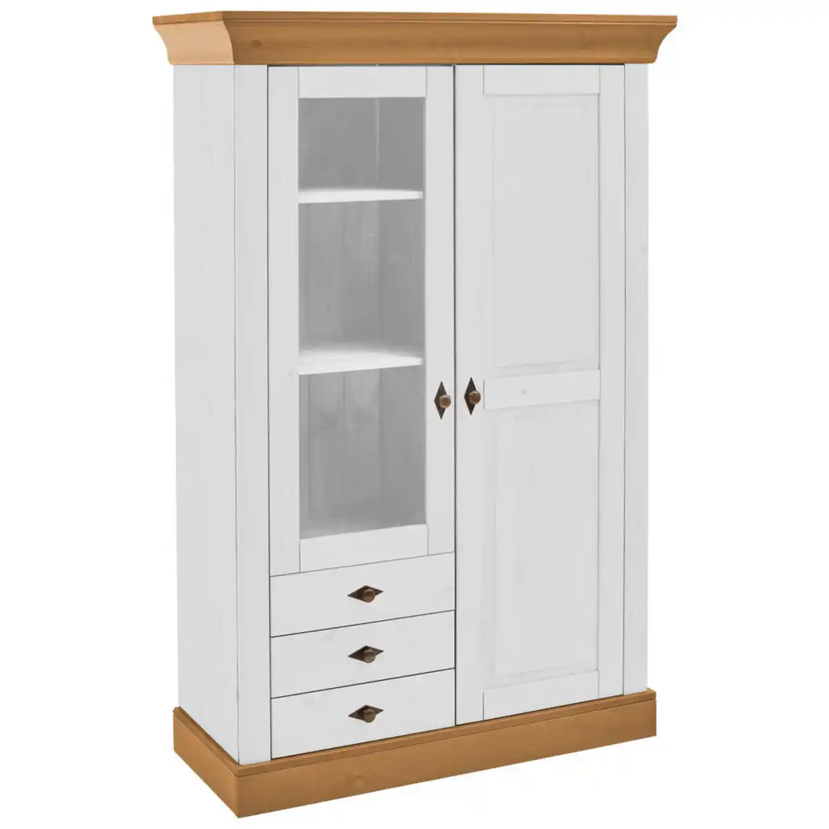 Bild 1 von Boxxx Vitrine, Laugenfarbig, Weiß, Holz, Kiefer, massiv, 5 Fächer, 3 Schubladen, 108x163x45 cm, Beimöbel erhältlich, Holzmöbel, Holzschränke, Vitrinen Holz, Vitrinenschränke Holz