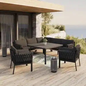 Dining-Loungeset Elisa Schwarz Outdoorstoff/Metall +Abdeckung, Schwarz