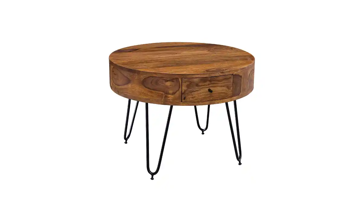 Bild 1 von Couchtisch rund mit Schublade Sheesham massiv gebeizt 60 cm - THORE