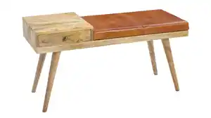 Sitzbank mit Schublade 100 cm Mangoholz massiv - Leder - ELKA