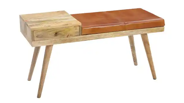 Bild 1 von Sitzbank mit Schublade 100 cm Mangoholz massiv - Leder - ELKA