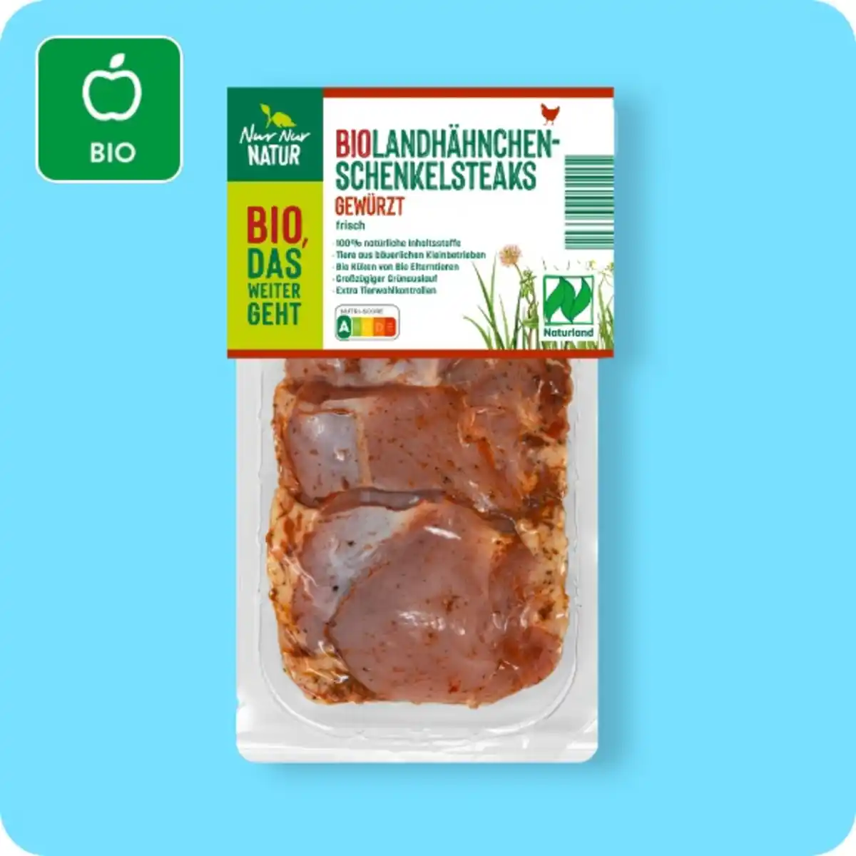 Bild 1 von NUR NUR NATUR Bio-Landhähnchen-Schenkelsteaks, Gewürzt