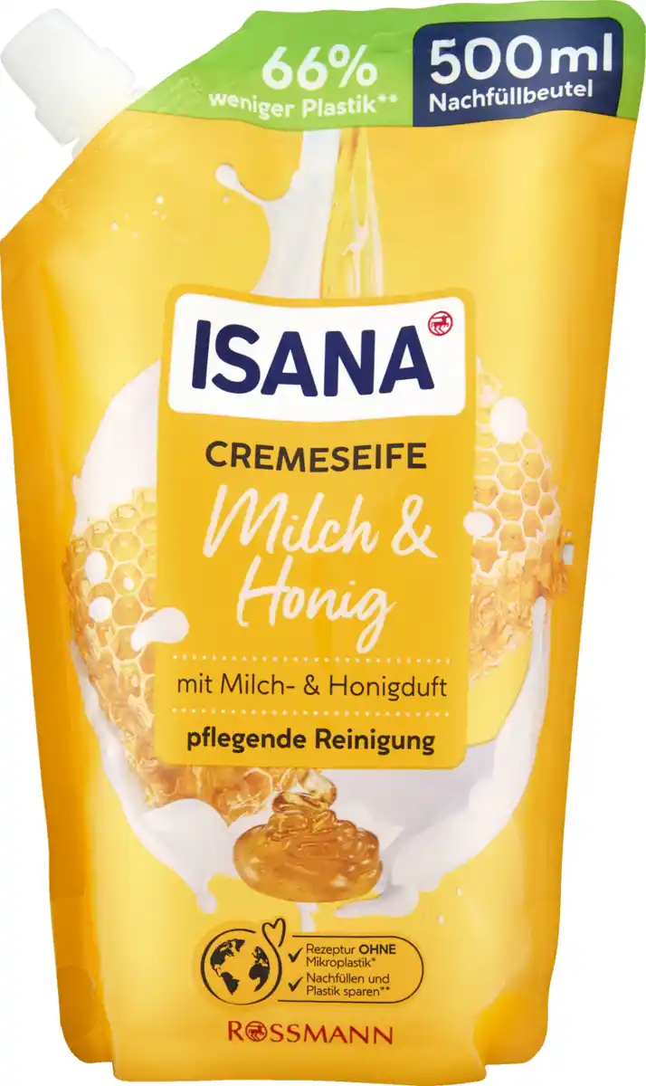 Bild 1 von ISANA Cremeseife Milch & Honig Nachfüllbeutel, 500 ml