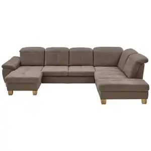 Voleo Wohnlandschaft, Graubraun, Textil, Wildeiche, massiv, 5-6-Sitzer, U-Form, 343x243 cm, Goldenes M, Typenauswahl, Bettkasten erhältlich, Fußauswahl, Stoffauswahl, Sitzqualitäten, seitenverkehr