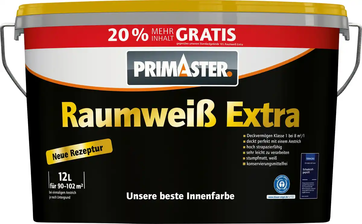 Bild 1 von Primaster Raumweiß Extra Wandfarbe konservierungsmittelfrei weiß matt 12 L