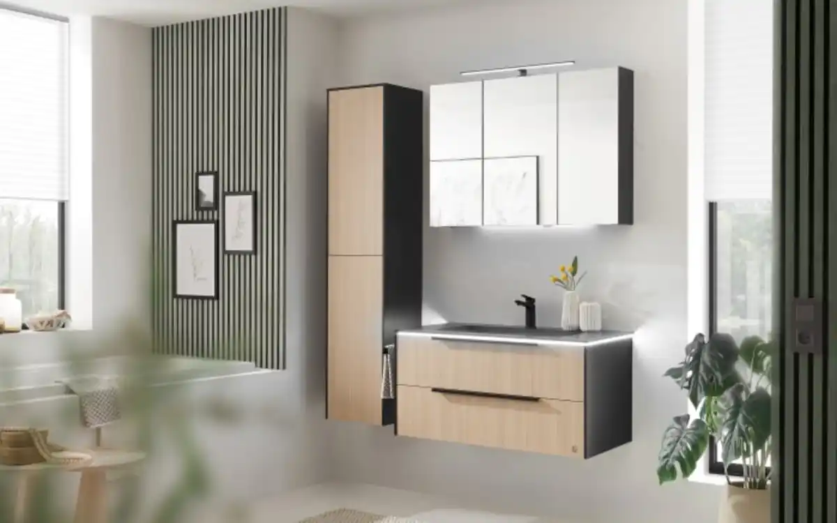 Bild 1 von Musterring - Badkombination Riana, Eiche/schwarz, inkl. LED Fugenbeleuchtung