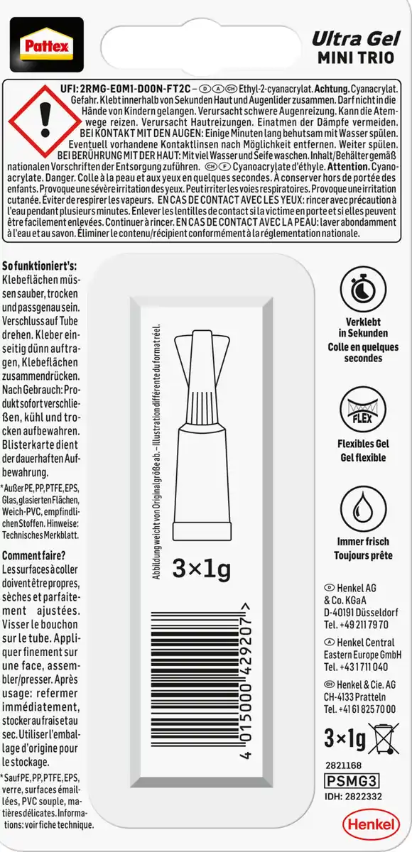 Bild 2 von Pattex Sekundenkleber Ultra Gel Mini Trio, 3 g 3 x 1 g