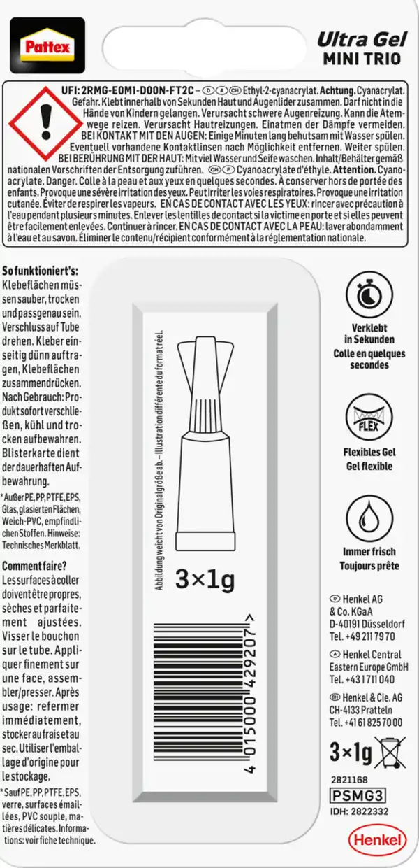 Bild 2 von Pattex Sekundenkleber Ultra Gel Mini Trio, 3 g 3 x 1 g