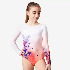 DOMYOS Gymnastikanzug Turnanzug langarm Mädchen Strass - 980 rosa/orange Blumenprint