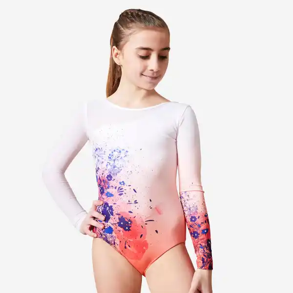 Bild 1 von DOMYOS Gymnastikanzug Turnanzug langarm Mädchen Strass - 980 rosa/orange Blumenprint