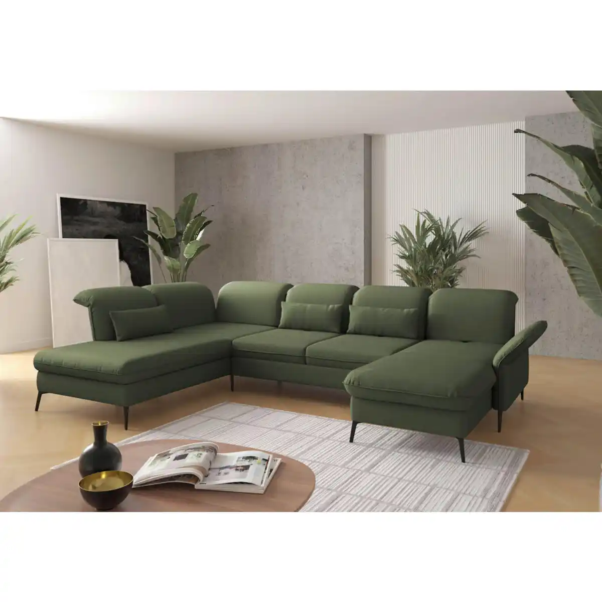 Bild 1 von Sit & More Wohnlandschaft, Olivgrün, Textil, 7-Sitzer, Ottomane links, U-Form, 359x231 cm, Goldenes M, Oeko-Tex® Standard 100, Made in Europe, DGM-Klimapakt, Rücken echt, Armteil rechts, Wohnzimme