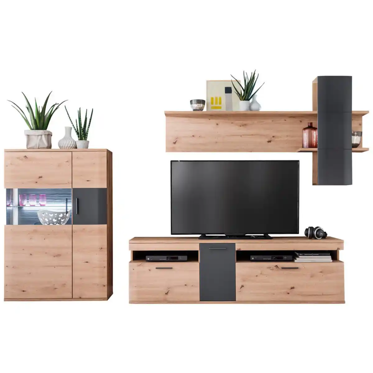 Bild 1 von Livetastic Wohnwand Kigali, Anthrazit, Klar, Eiche, Metall, 2 Schubladen, 310x198x50 cm, Made in EU, Wohnzimmer, Wohnwände, Anbauwände