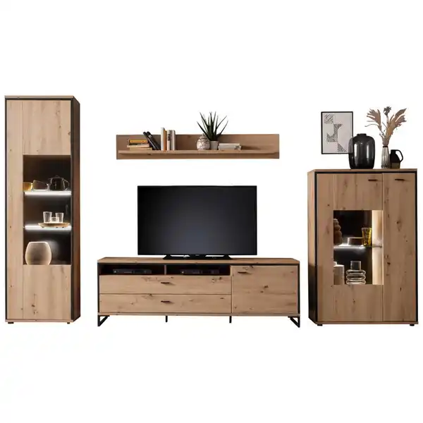 Bild 1 von Mid.you Wohnwand Skopje, Anthrazit, Eiche, Metall, 5 Fächer, 2 Schubladen, 359x210x50 cm, Made in EU, Wohnzimmer, Wohnwände, Anbauwände