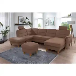 Sit & More Wohnlandschaft Palmera V, Braun, Textil, Buche, 7,5-Sitzer, Ottomane links, U-Form, 308x212 cm, Goldenes M, Oeko-Tex® Standard 100, Made in Europe, DGM-Klimapakt, Rücken echt, Armteil re