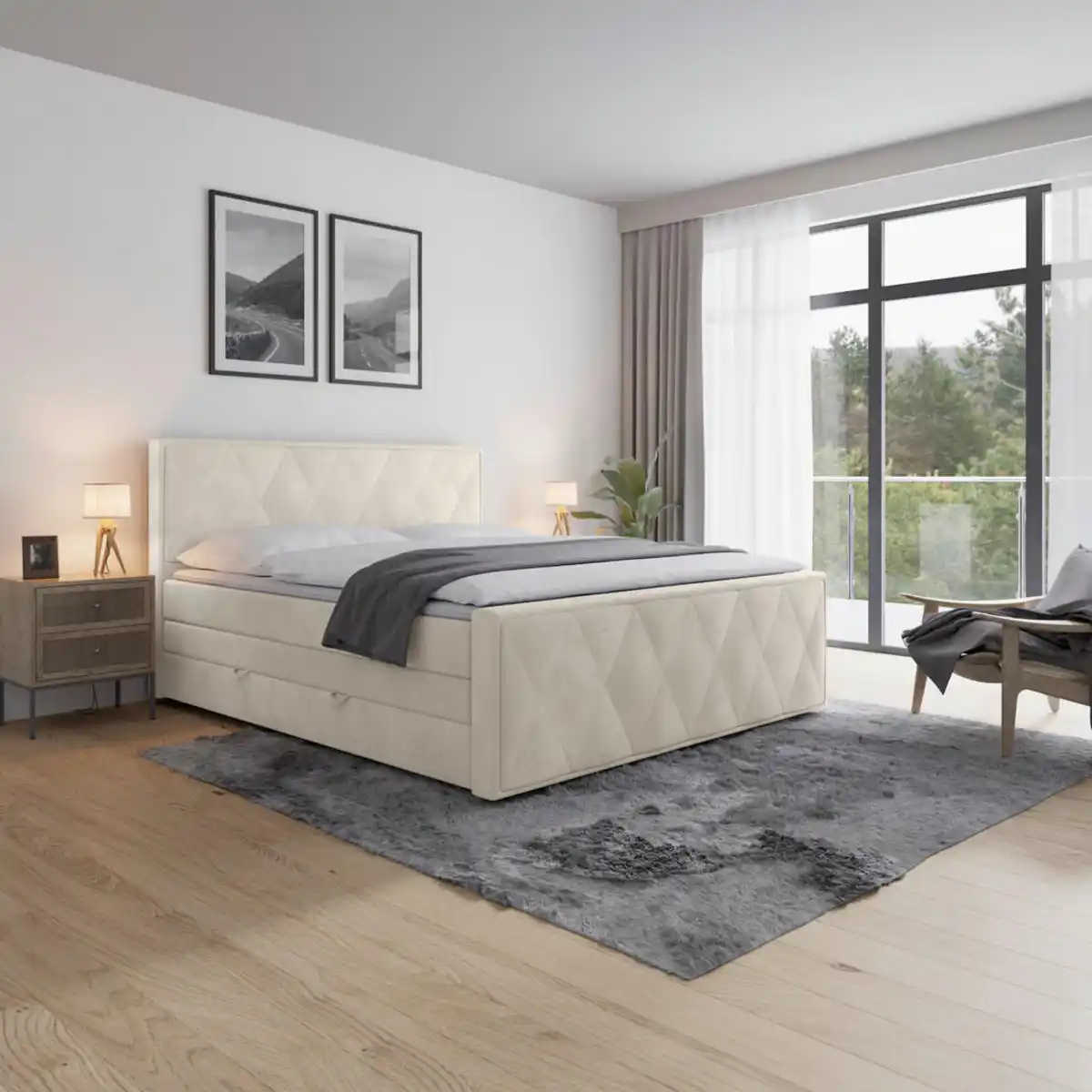 Bild 1 von Mid.you Boxspringbett, Weiß, Textil, teilmassiv, Hartholz,teilmassiv, Hartholz, H2 + H3, 7-Zonen, 180x200 cm, Bettkasten, Schlafzimmer, Betten, Doppelbetten