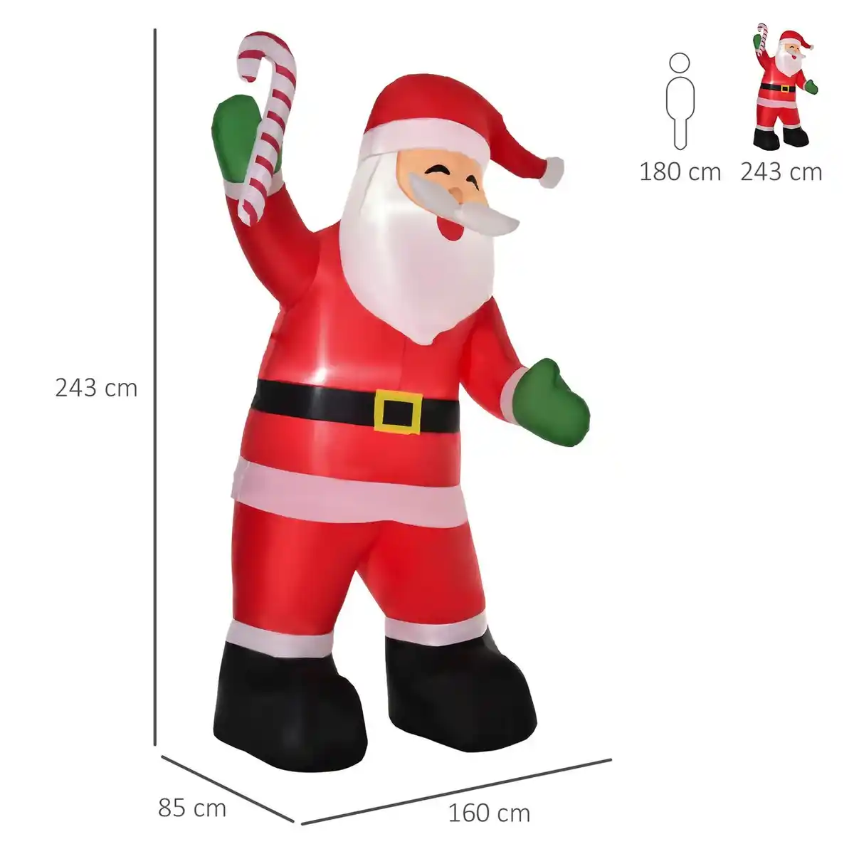 Bild 3 von Aufblasbarer Weihnachtsmann mit Zuckerstange 243 cm LED mit Gebläse Weiß+Rot+Grün 160 x 85 x 243 cm