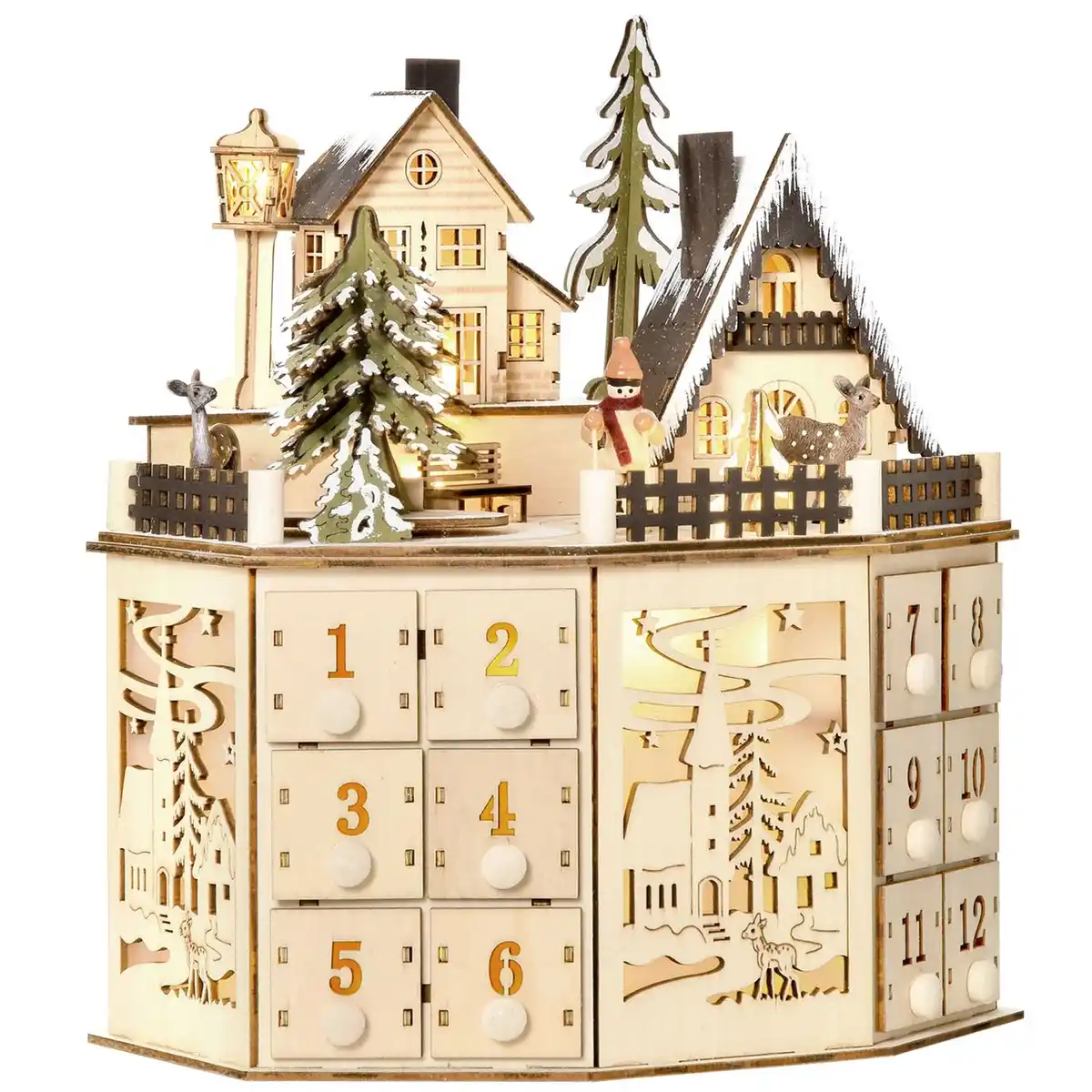 Bild 1 von Weihnachts-Adventskalender mit 24 Zugkästen Weihnachtskalender mit LED-Lichtern Adventskalenderbox Sperrholz-Platte Naturholz 25 x 20 x 29 cm