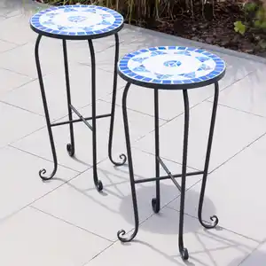 2er Beistelltisch rund Stahl blau & weiß Ø 34 x 62 cm