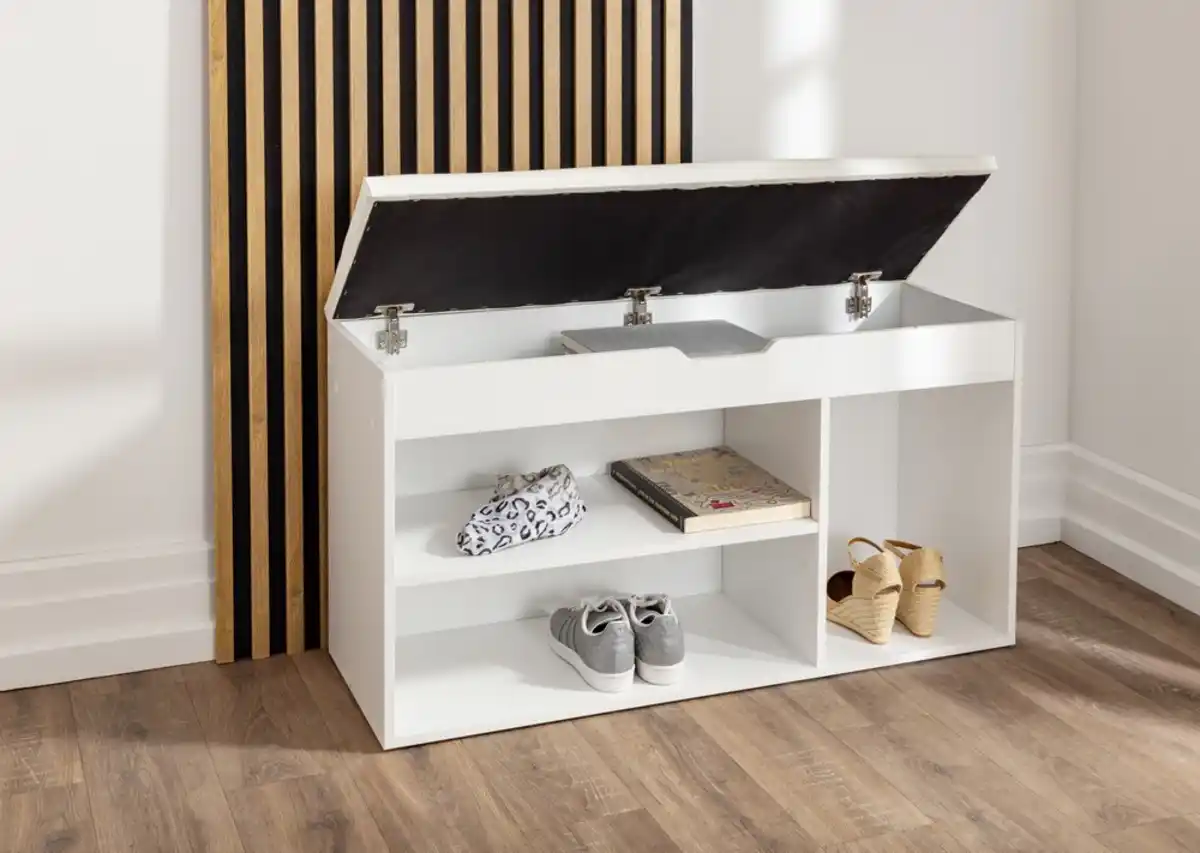 Bild 3 von Schuhschrank mit Sitzkissen & aufklappbare Sitzfläche & 3 Fächer, ca. 103,5 x 35 x 55 cm - Weiß